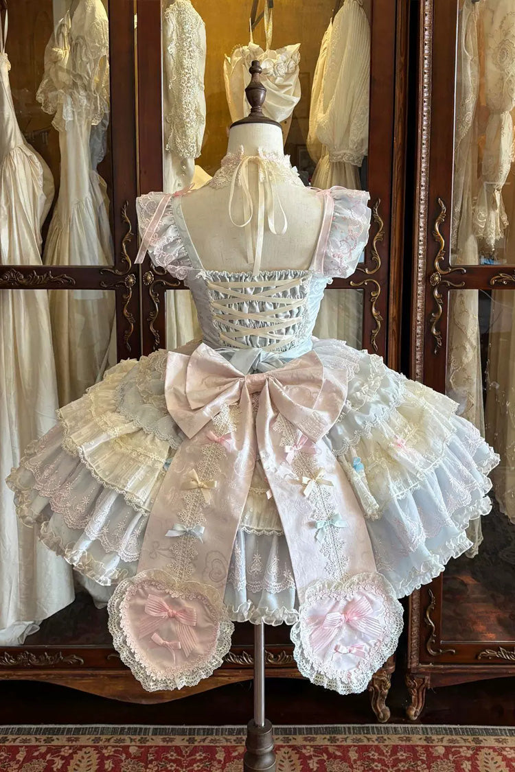 Bkue/Pink [Cloudwhale Dreamweaver] Square Collar Multi-Layered Ruffled Bow Lace Sweet Lolita Jsk Dress