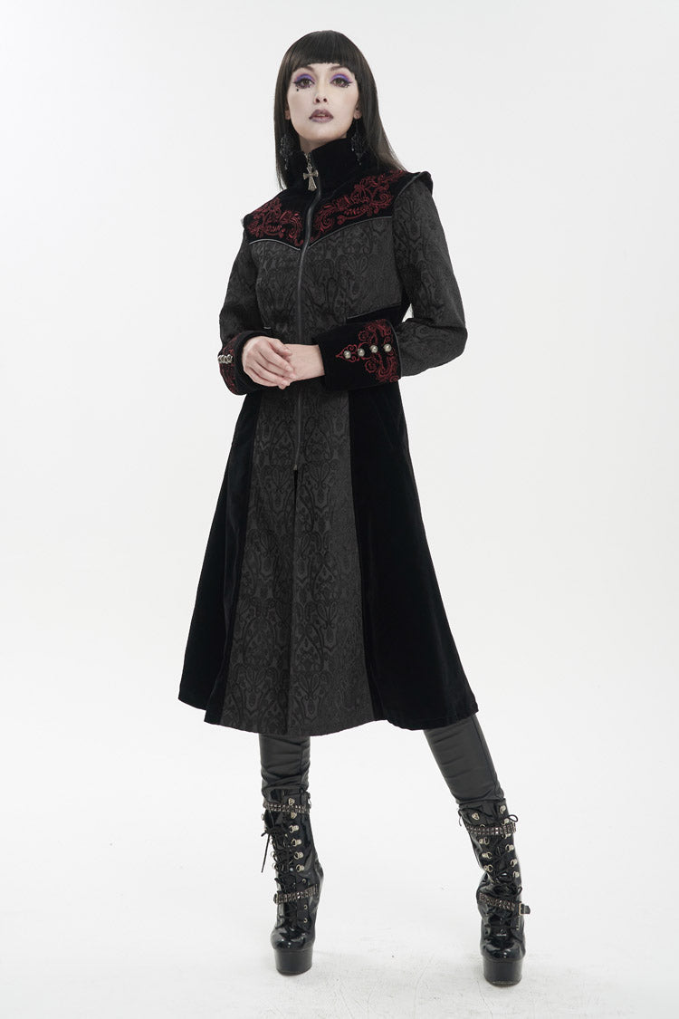 Black Jacquard Studded Mushroom Buckle Metal Cross Embroidered Women's Gothic Coat