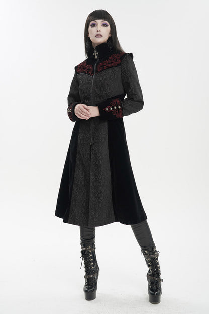 Black Jacquard Studded Mushroom Buckle Metal Cross Embroidered Women's Gothic Coat