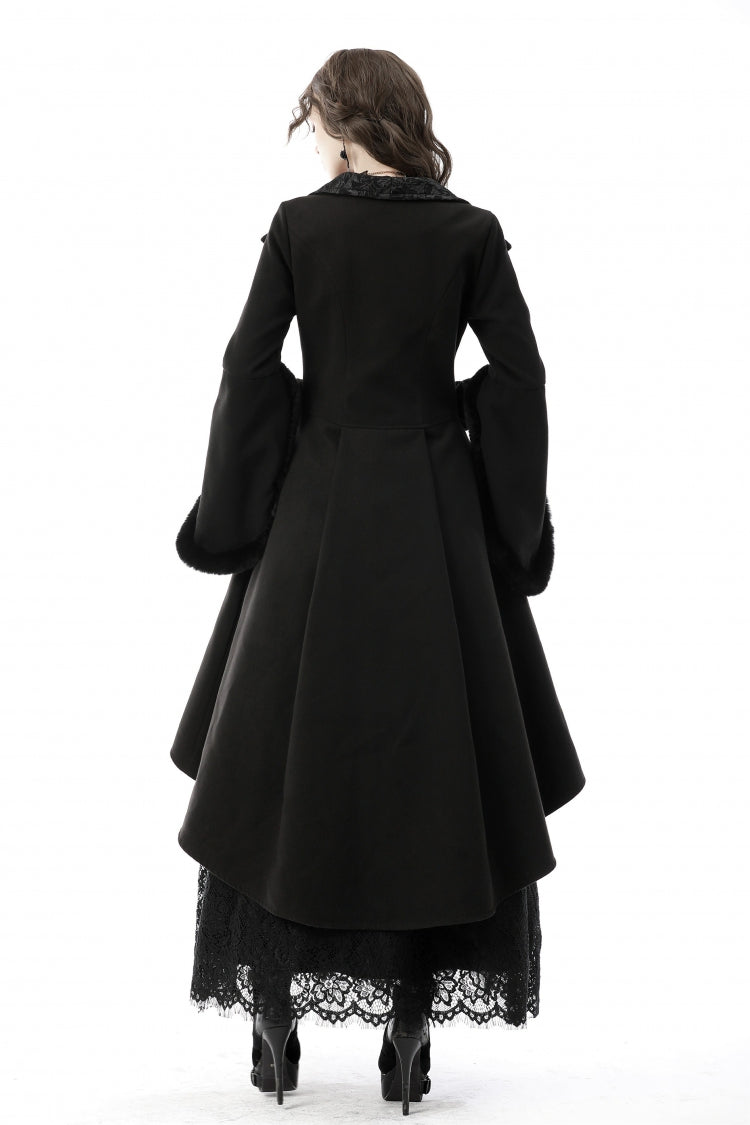 Black Lapel Collar Long Sleeves Women's Gothic High Low Woolen Dovetail Coat with Hood