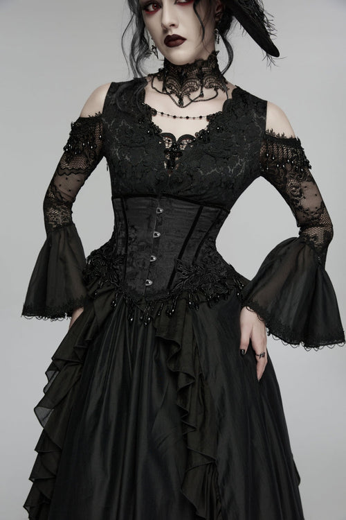 Black Jacquard Lace-Up Slim Women's Gothic Tassels Corset