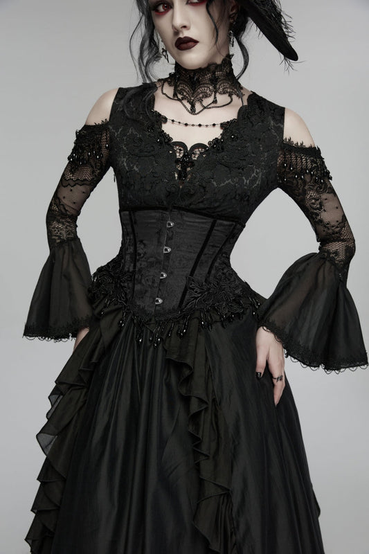 Black Jacquard Lace-Up Slim Women's Gothic Tassels Corset