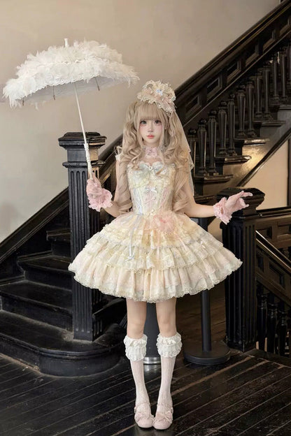 Apricot/Pink [Cloudwhale Dreamweaver] Square Collar Multi-Layered Ruffled Bow Lace Sweet Lolita Jsk Dress