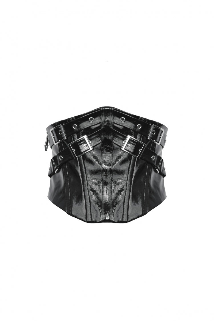 Black Lace-Up Buckled Women's Punk Patent Leather Underbust Corset