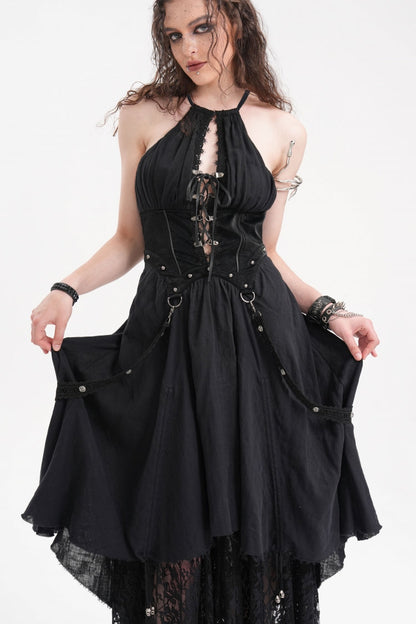Black Halterneck Hollow Lace Women's Gothic Strap Maxi Dress