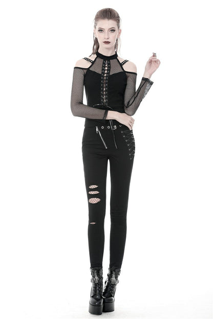 Black Off Shoulder Long Sleeves Lace-Up Mesh Women's Punk Top