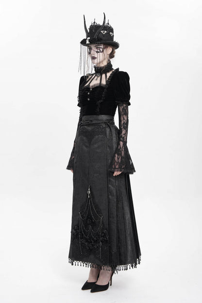 Black Floral Cross Embroidery Chain Women's Gothic Horse-face Long Skirt
