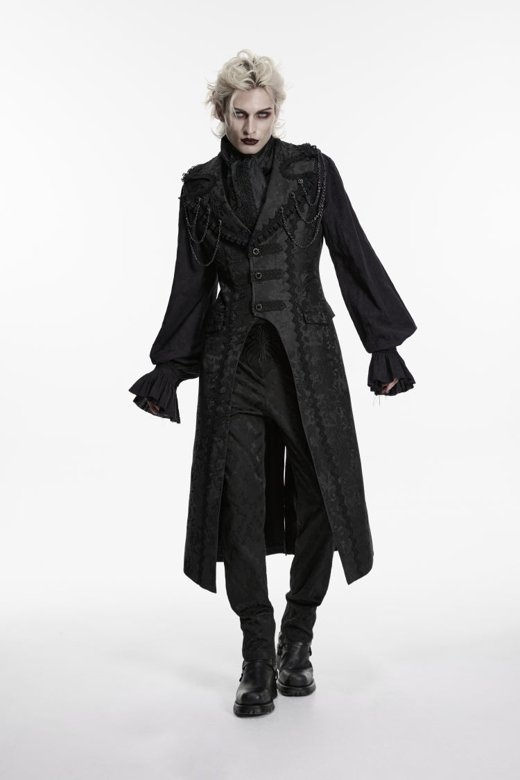 Black Jacquard Chain-Decorated Men's Gothic Long Vest
