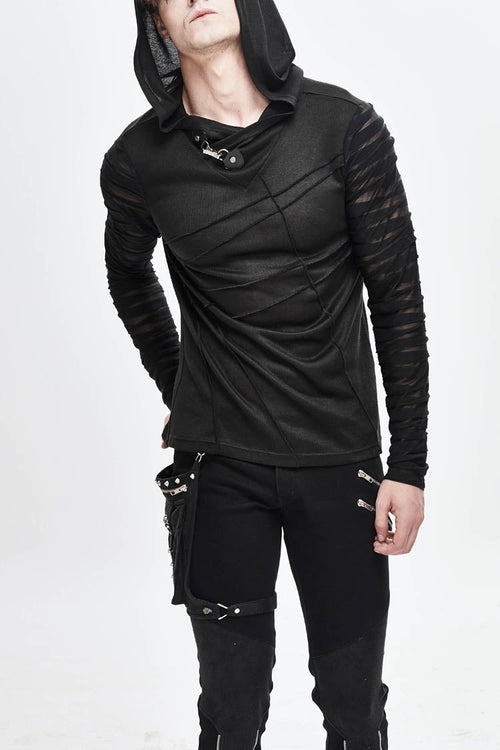 Black Collar Metal Button Irregular Striped Patchwork Bandage Hooded Men's Punk T-Shirt