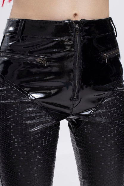 Black Gothic Hexagon Pattern Irregular Star Reflection Shiny Elasticity Leather Women's Leggings