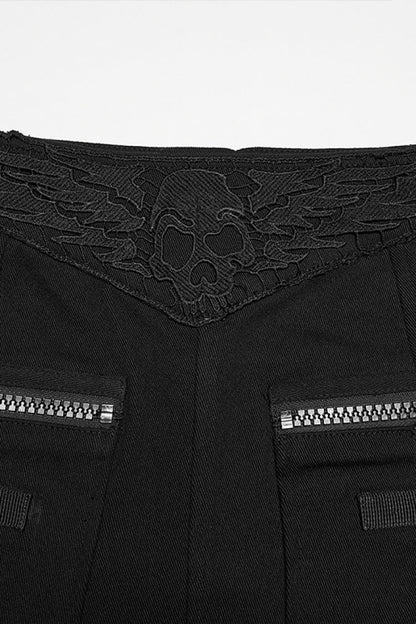 Black Embroidered Zippered Women's Punk Skull Embroidered Cool Big Pocket Skirt