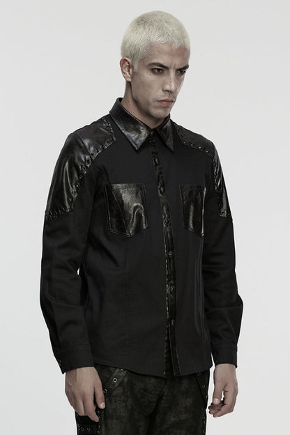 Black Lapel Collar Long Sleeves Stitching Eyelet Men's Punk Blouse