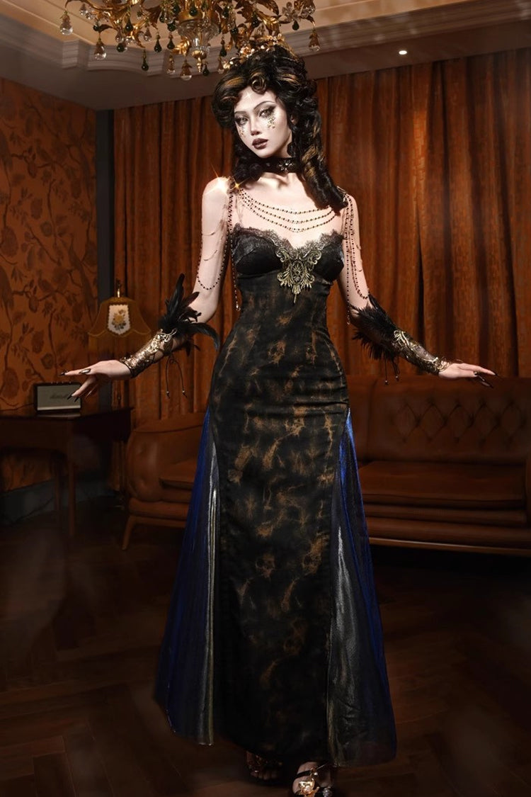 Black Gilded European Style V Collar Sleeveless Print Ruffle Lace Slim Gothic Lolita Jsk Dress
