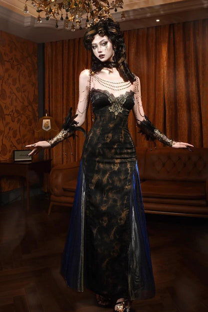 Black Gilded European Style V Collar Sleeveless Print Ruffle Lace Slim Gothic Lolita Jsk Dress