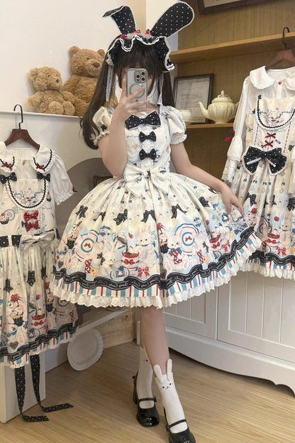 Beige [Mystery Rabbit Tea Party] Square Collar Short Sleeves Print Ruffle Bowknot Lace Sweet Lolita Dress
