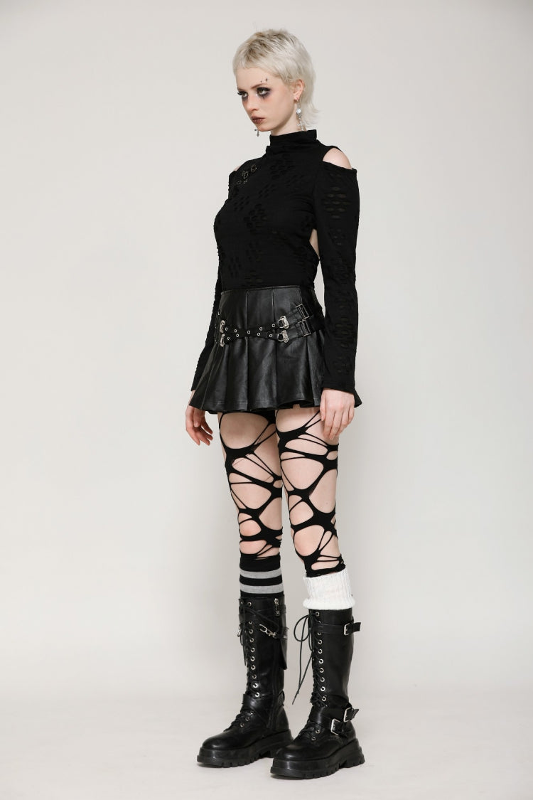 Black Long Sleeves Cut-Out Ripped Zippered Eyelets Women's Punk Distressed Top