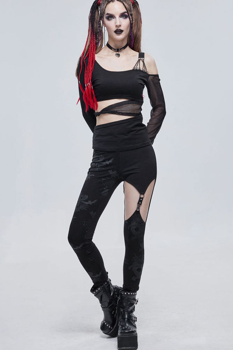 Black Gothic Ripped Spider Web Print Asymmetric Belt Buckle Decoration Women's Leggings