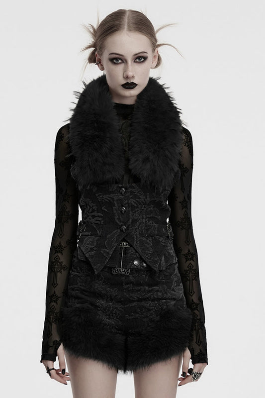 Black Halterneck Sleeveless Jacquard Women's Gothic Vest with Faux Fur Collar