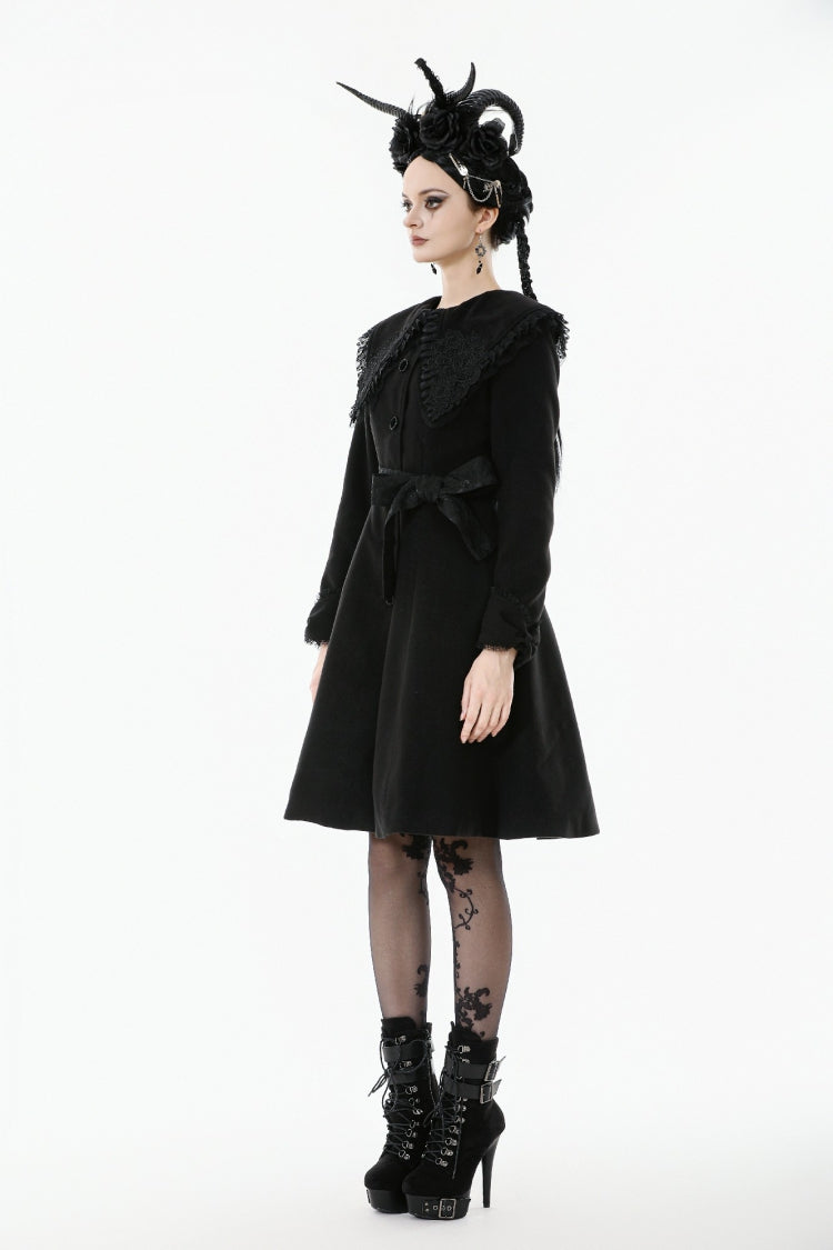 Black Floral Embroidered Peter Pan Collar Long Sleeves Bowknot Women's Gothic Coat