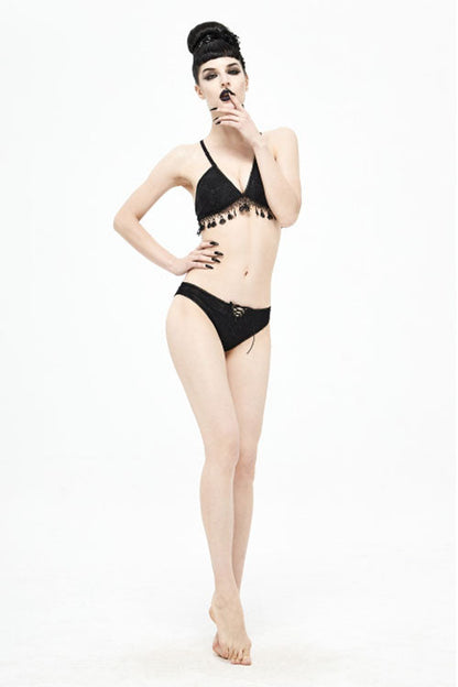 Black Dark Grain Jacquard Tassel Lace Up Gothic Swimsuit