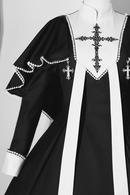 Black Monastery Long Sleeves Cross Print Gothic Lolita Dress Two-piece Set