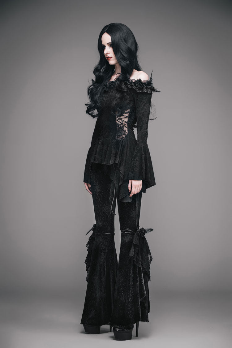 Black Knit One-Word Shoulder Rose Decoration Collar Waist Side Splice Lace Up Flare Sleeve Women's Gothic Shirt