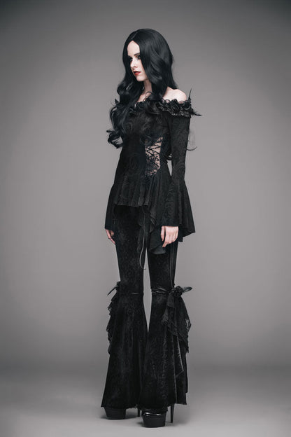 Black Knit One-Word Shoulder Rose Decoration Collar Waist Side Splice Lace Up Flare Sleeve Women's Gothic Shirt