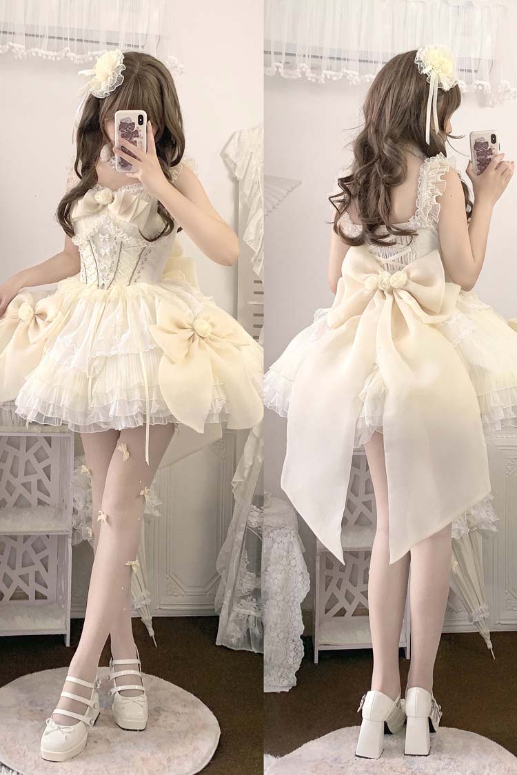 Beige Multi-layer Ruffle Hanayome Bowknot Lace-Up Sweet Princess Lolita Jsk Dress