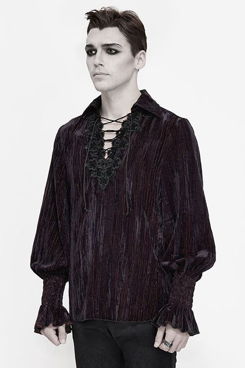 Black And Red Velvet Lantern Sleeves Loose Mens Gothic Blouse
