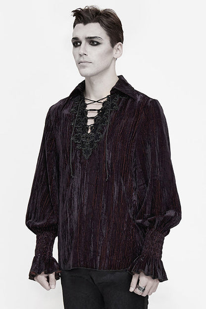 Black And Red Velvet Lantern Sleeves Loose Mens Gothic Blouse