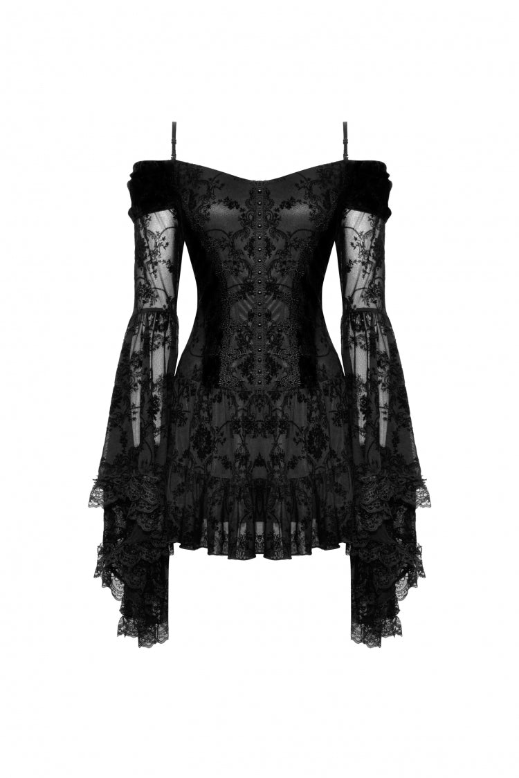 Black Off Shoulder Long Trumpet Sleeves Velvet Spliced Mesh Women's Gothic Graduation Dress