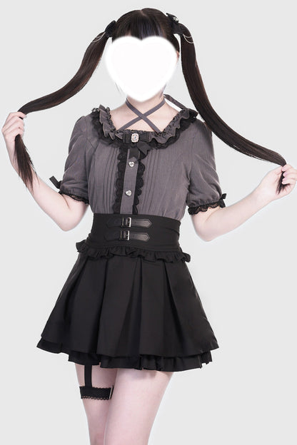 Black Leather Buckle Leg Ring Double-Layered Ruffle Sweet Jirai Kei Japanese Skirt