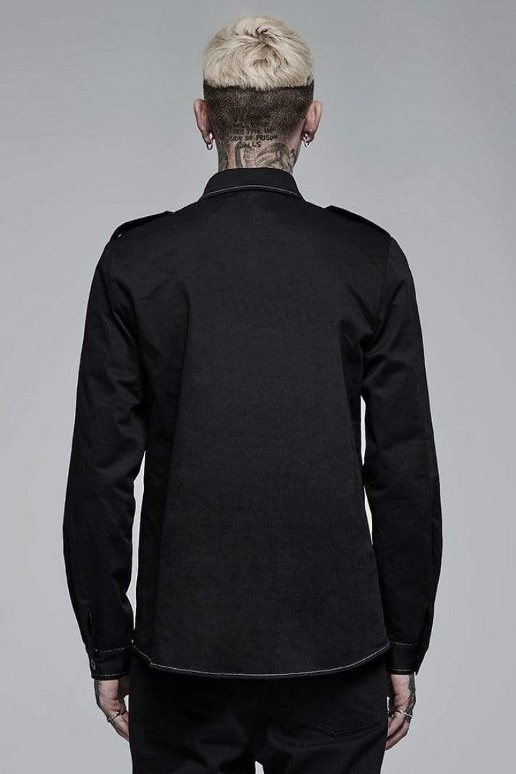 Black Lapel Collar Long Sleeves Skull Print Embroidery Mens Steampunk Blouse