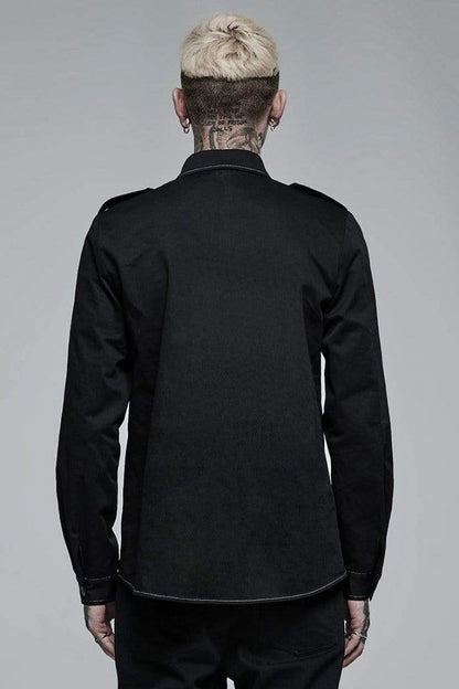 Black Lapel Collar Long Sleeves Skull Print Embroidery Mens Steampunk Blouse