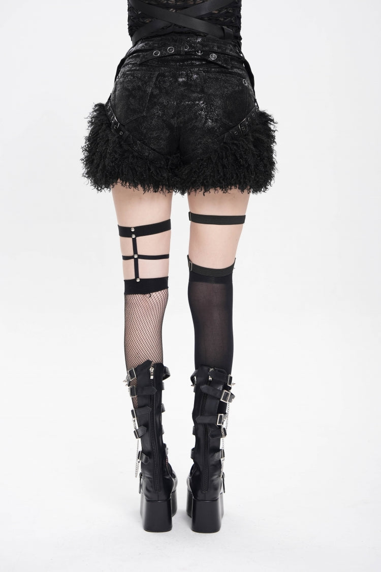 Black Plush Stitching Buckle Straps Women's Punk Shorts