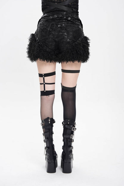 Black Plush Stitching Buckle Straps Women's Punk Shorts