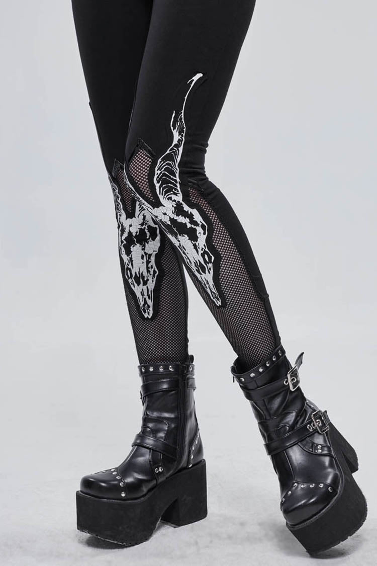 Black Gothic Stretch Knitted Fabric Spliced Mesh Devil Sheep Head Pattern Printing Women's Leggings