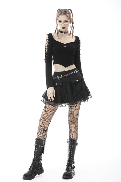 Black Long Sleeves Irregular Strappy Bat Women's Punk Crop Top
