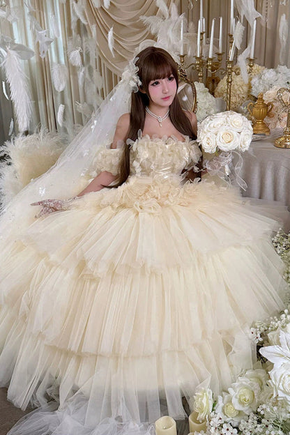 Apricot [Dream Confession] Sleeveless Triple-Layered Ruffled Hanayome Bow Lace Lace-Up Sweet Lolita Jsk Dress Long Version