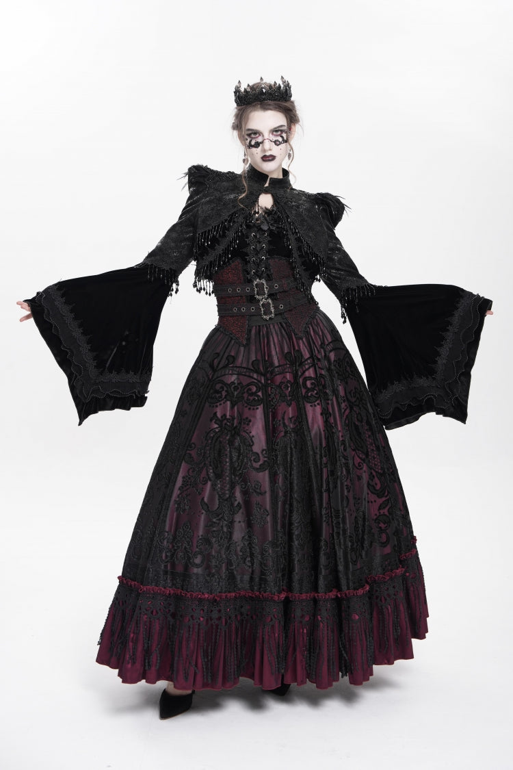 Black Long Sleeves Floral Embroidery Women's Gothic Beaded Frog Short Jacket