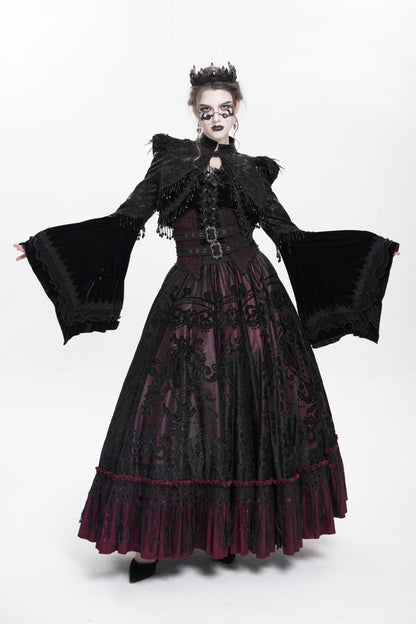 Black Long Sleeves Floral Embroidery Women's Gothic Beaded Frog Short Jacket