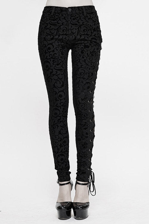 Black Gothic Flocking Patterned Laced Up Asymmetrical Side Womens Pants