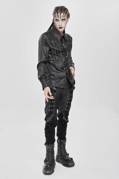 Black Lapel Collar Long Sleeves Buckled Strappy Chain-Decorated Men's Punk Shirt