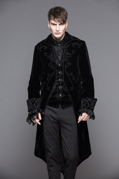 Black Hand Embroidered Fake Two Pieces Long Sleeves Velvet Mens Gothic Coats
