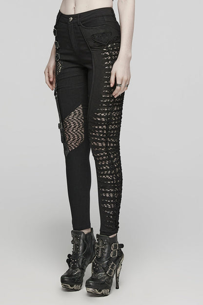 Black Hollow Decoration Mesh Asymmetric Women's Steampunk Pants