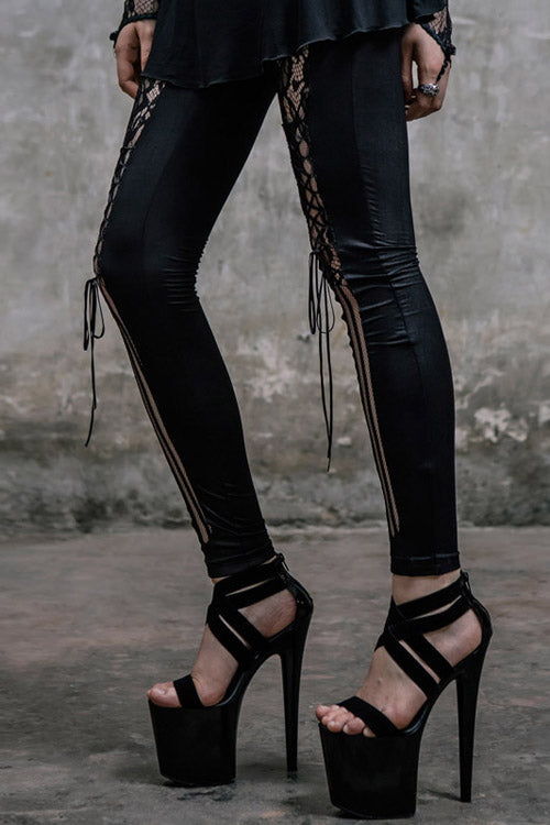 Black Front Splice Mesh Lace Up Gothic Knit Womens Pants