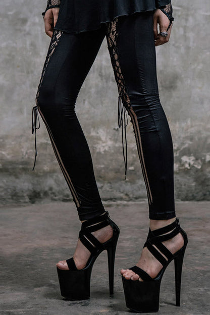 Black Front Splice Mesh Lace Up Gothic Knit Womens Pants