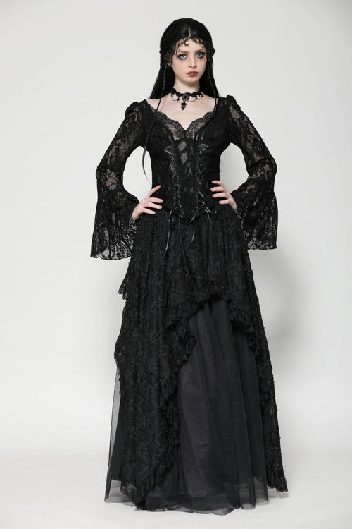 Black Deep V Collar Long Trumpet Sleeves Lace Lace-Up Women's Gothic Corset Top