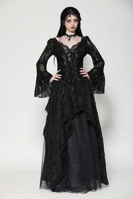 Black Deep V Collar Long Trumpet Sleeves Lace Lace-Up Women's Gothic Corset Top