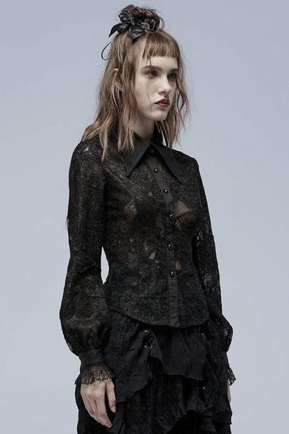 Black Lapel Collar Long Puff Sleeves Hollow Embroidery Womens Gothic Blouse